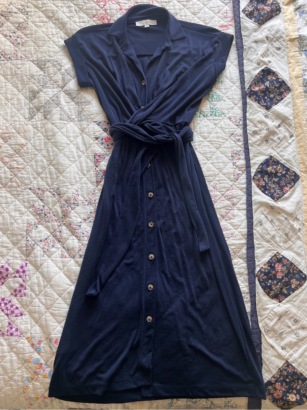 LOFT Navy Button-Front Tie-Front Dress